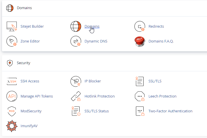 Sección de un cpanel donde se ve donde se configura los dominios